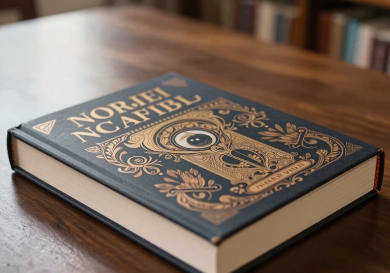 Close-up photography of a beautifully designed hardcover novel resting on a dark wood table in a sophisticated Indonesian home library with soft morning light.