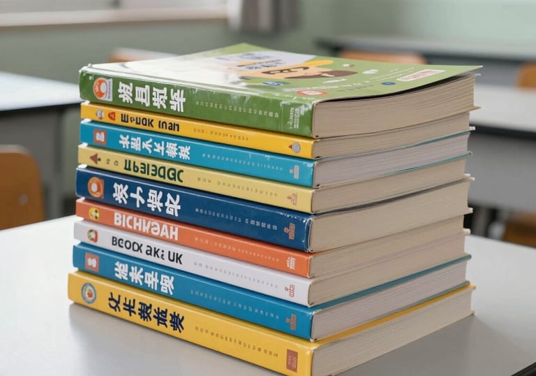 A stack of high-quality educational textbooks neatly arranged on a clean white desk in a modern Indonesian classroom setting, bright natural light coming from a window.