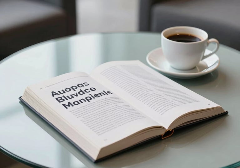 A professional business and management book lying on a minimalist glass table next to a cup of coffee in a modern Indonesian corporate lounge.