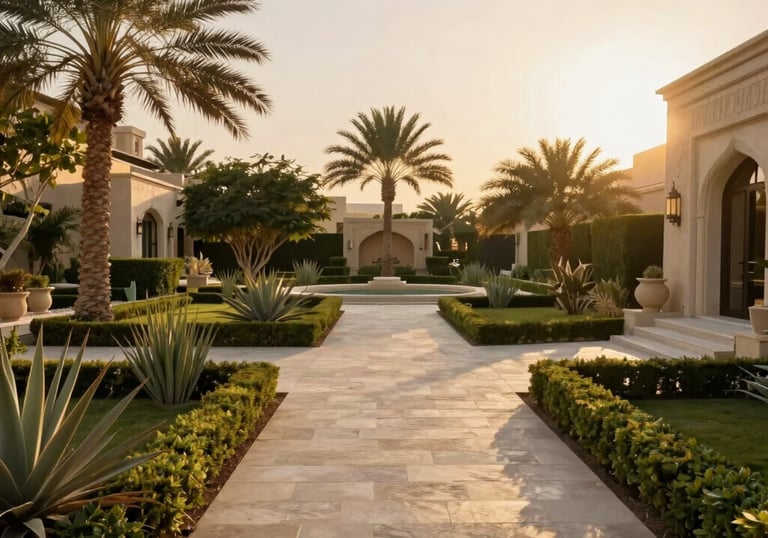 A manicured luxury garden with desert-adapted plants and elegant stone walkways at a UAE villa, golden hour lighting, Middle Eastern / Gulf context.