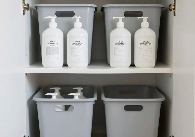 A perfectly organized home laundry cupboard with clear bins and white labeled bottles. Clean, symmetrical composition, North American / US interior design, using a palette of soft gray and white.