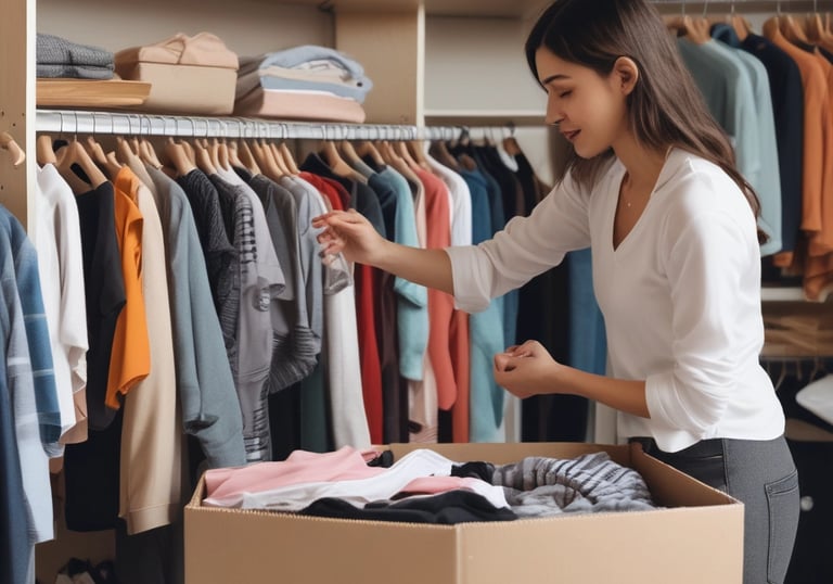 Volunteers sorting donated clothes in a bright community center.
