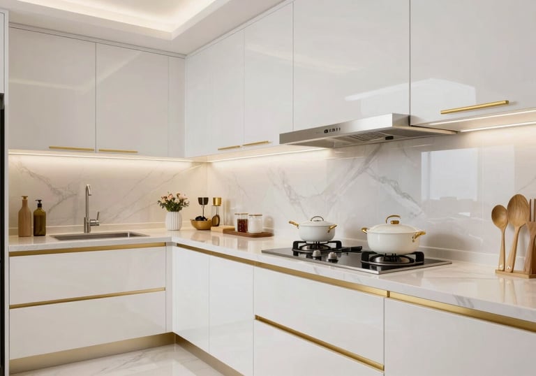 A modern, high-tech kitchen with white cabinetry and gold handles, spotless and shining, Middle Eastern luxury architectural style.