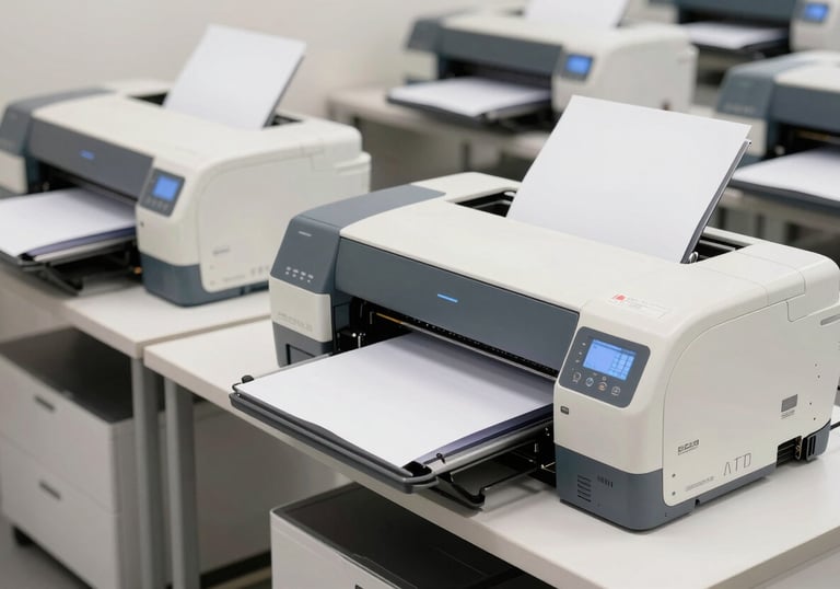 An organized North American workspace featuring high-quality digital ink jet printers and multi-format paper folders. The setting is clean, bright, and modern, using off-white and light blue tones.