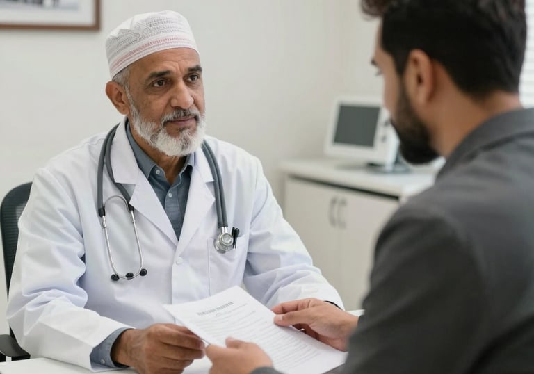 A confident doctor reviewing loan documents in a bright office setting.