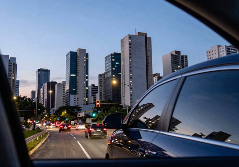 A wide-angle view of the São Paulo city skyline at dusk with traffic lights blurring, seen through the tinted window of a luxury car. Deep steel blue and soft white light.