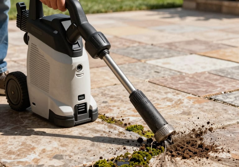 A powerful pressure washer clearing dirt and moss from a flagstone patio in a sunny North American Texas backyard, showing the bright stone beneath.