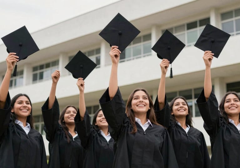A group of happy South American graduates throwing their caps in the air in front of a modern educational building, celebrating their professional future, bright and airy photography.