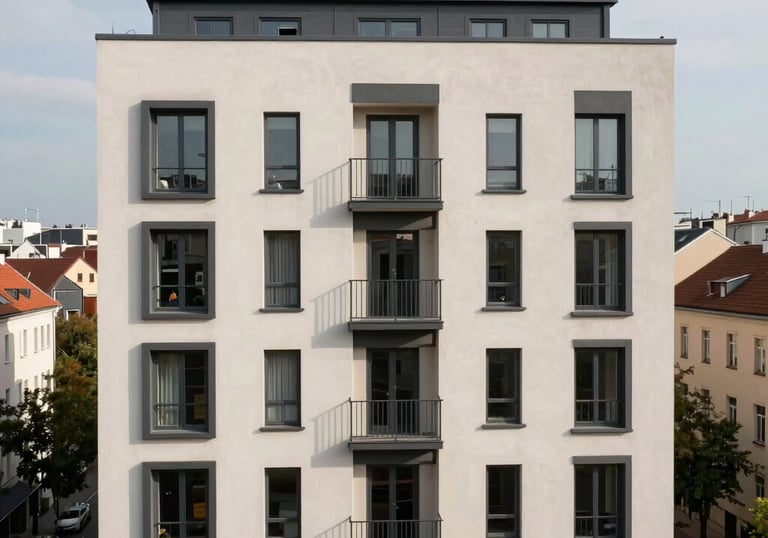 An architectural view of a renovated historic apartment building with modern anthracite window frames and high-quality exterior finish, Central European city background.