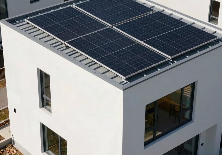 Photography of a newly constructed modern villa with clean lines, white facade, and integrated green solar technology on the roof, bright sunshine.