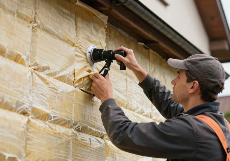 A detailed shot of a professional craftsman installing high-quality thermal insulation on a house facade, Central European setting, technical precision, bright daylight.