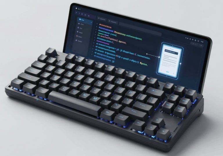 A technical and clean shot of a mechanical keyboard and a glowing screen showing Python algorithms. Digital certificate icons are subtly integrated into the UI. Modern tech aesthetic using #0A0A0A and #ECF0F1.