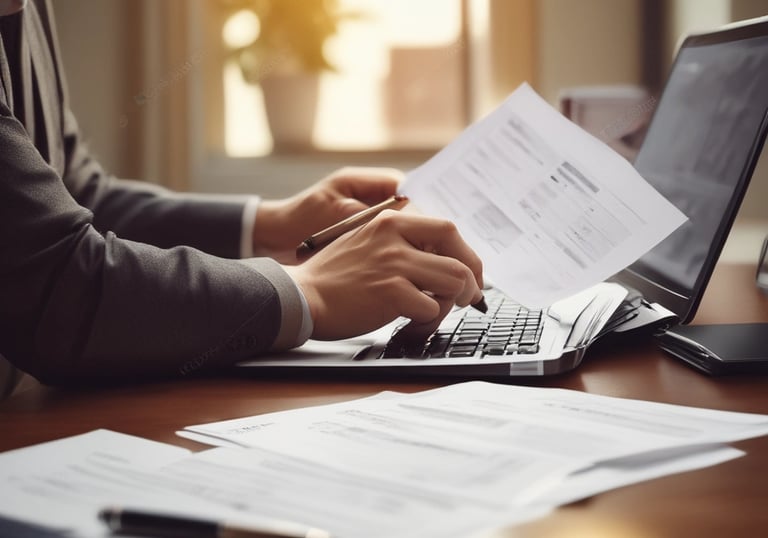Professional office team collaborating over documents in a modern workspace.
