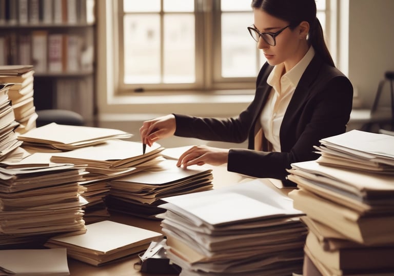 Professional office team collaborating over documents in a modern workspace.