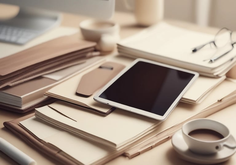 Professional office team collaborating over documents in a modern workspace.