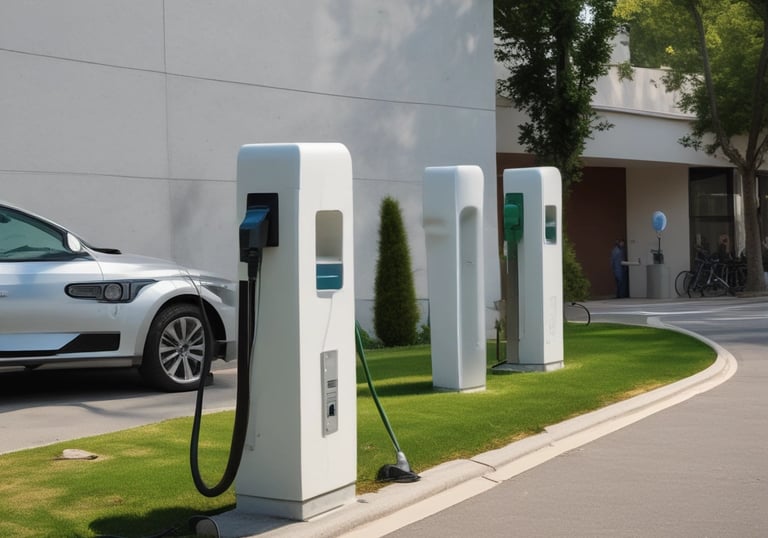 Charging station setup in a parking lot of a commercial building.