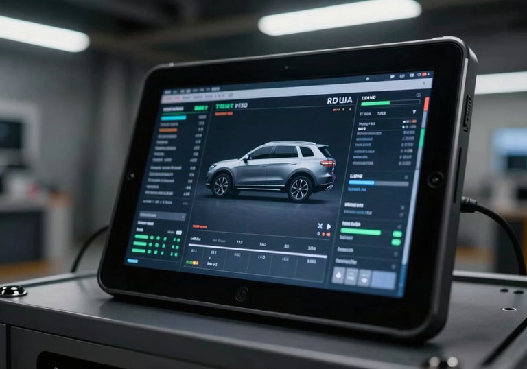 Close-up of a digital diagnostic tablet displaying vehicle data in a dark, high-tech garage setting.