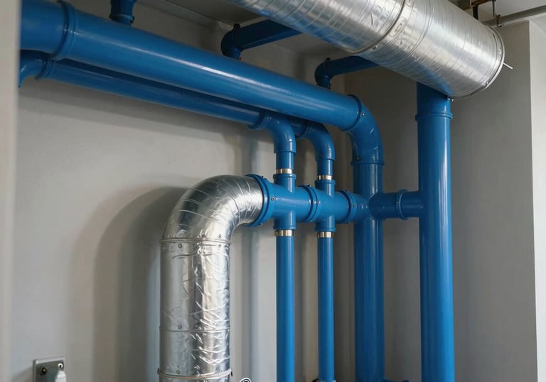 A clean, well-maintained residential mechanical room in a North American / US home, featuring royal blue pipes and silver HVAC ductwork.
