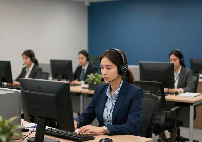 An interior view of a professional customer service office in Brazil, featuring clean lines, ergonomic desks, and a palette of navy and grey blue. Professional and calm atmosphere. América do Sul / Brasileiro.