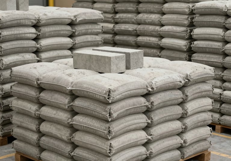 Stacks of industrial-grade cement bags and building blocks organized neatly in a professional Turkish warehouse environment. The atmosphere is clean and conveys large-scale supply capabilities.