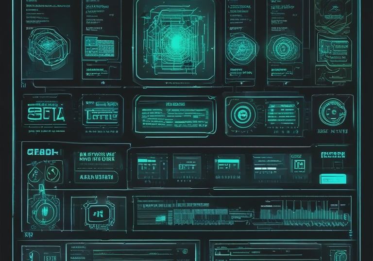 A sleek holographic cityscape glowing softly in neon violet and cyan against a deep black background.