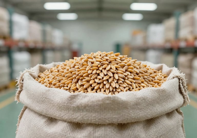 Close-up photography of high-quality golden grains in a burlap sack inside a clean, modern, well-lit export warehouse. Muted green and off-white tones.