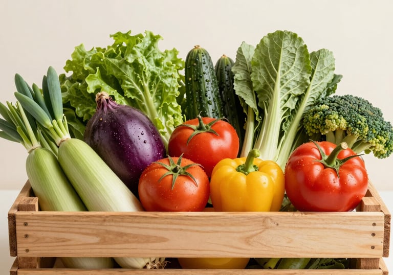 A vibrant arrangement of fresh exported agricultural produce in a clean wooden crate. Natural lighting, off-white background, high quality photography.