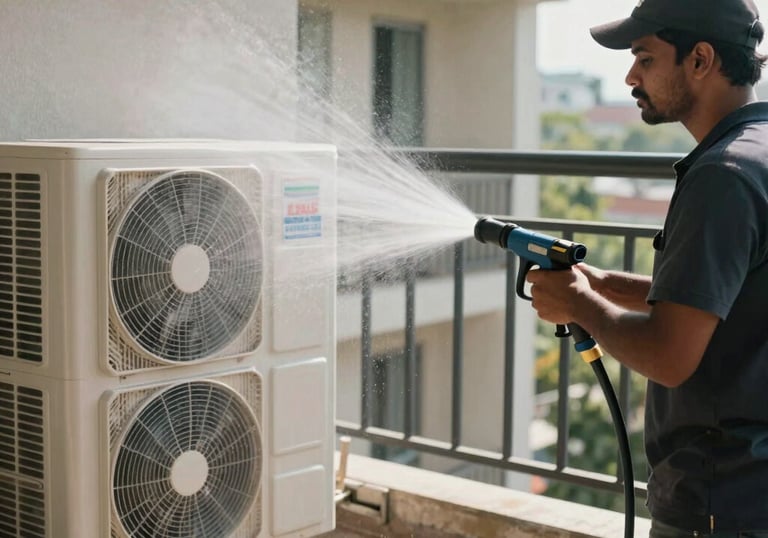 An outdoor AC condenser unit being cleaned with a low-pressure water jet on a bright South Asian apartment balcony.