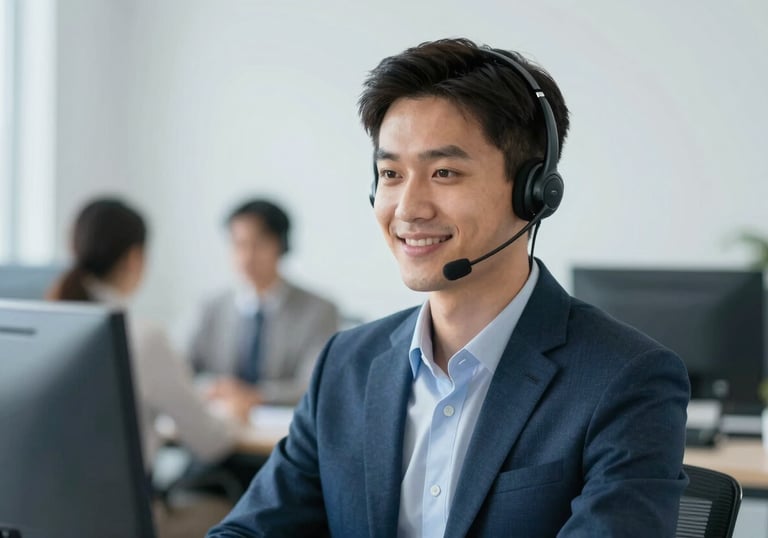 A professional customer service representative with a headset, smiling softly, against a clean office background featuring #6C98A8 and white highlights.