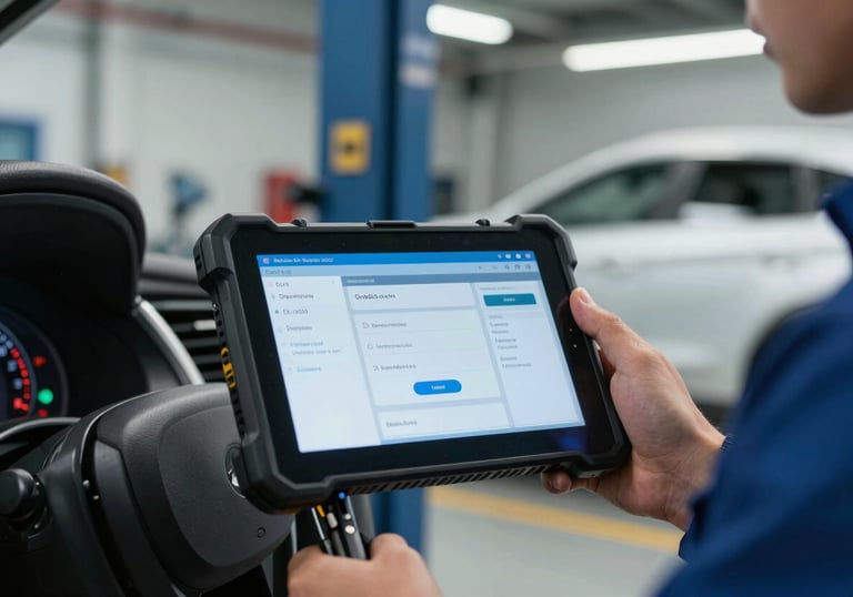 A technician's hand holding a modern automotive diagnostic tablet connected to a vehicle's dashboard inside a well-lit North American repair shop.
