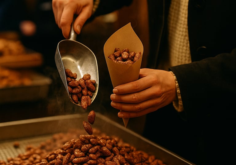 Gebrannte Mandeln werden auf einem Marktstand geschöpft, im Hintergrund warmes Licht und Gäste.