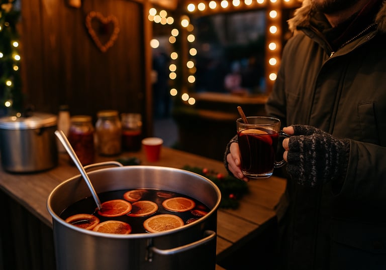 Glühwein in Glasbechern auf einem festlich beleuchteten Catering-Tisch mit Lichterketten im Hintergrund.