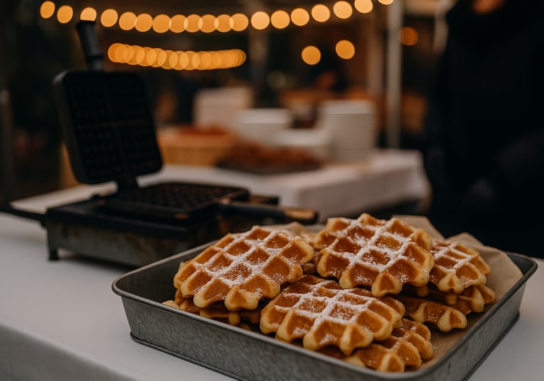 Belgische Waffeln mit Puderzucker auf einem Holzbrett, serviert auf einem Eventstand.
