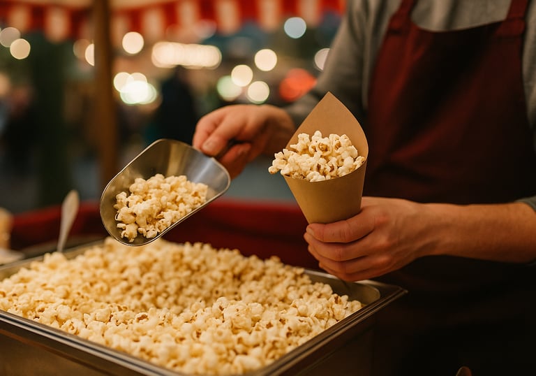Frisches Popcorn in einer großen Schüssel auf einem Eventbuffet mit Menschen im Hintergrund.