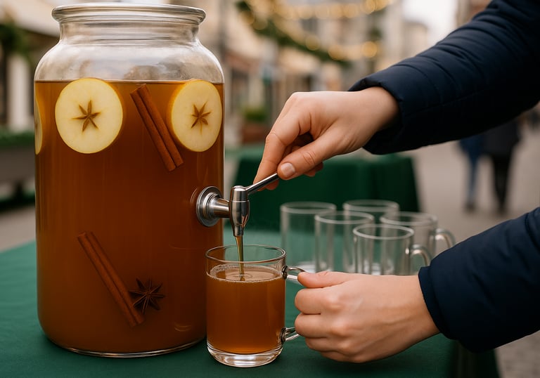 Heiße Gläser mit Apfelpunsch auf einem Holztisch, mit Zimtstangen und Apfelscheiben garniert.