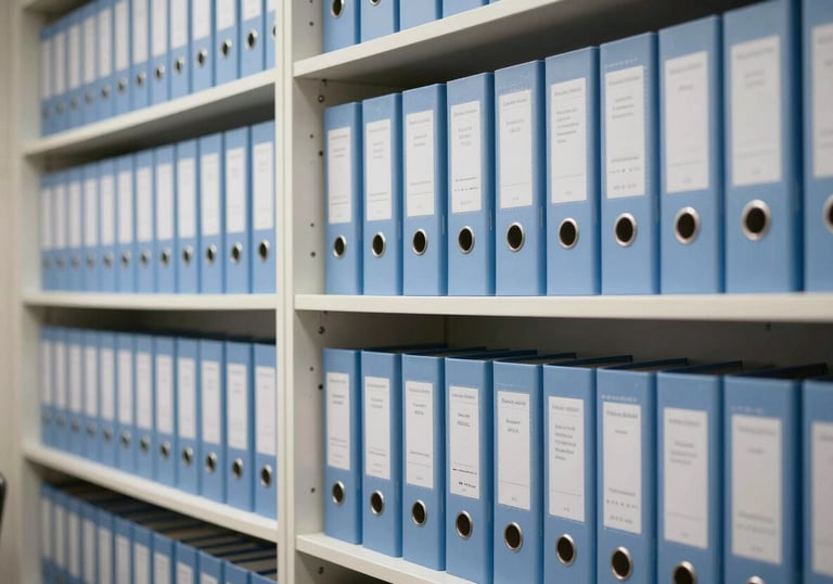An organized legal archive with light blue folders on white shelves, representing meticulous attention to detail in tax and corporate legal matters, South American law firm interior.