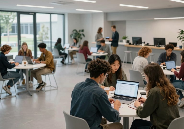 A shot of a contemporary campus social hub where groups of students are collaborating on digital projects in a vibrant, light gray space. Global / English-speaking.