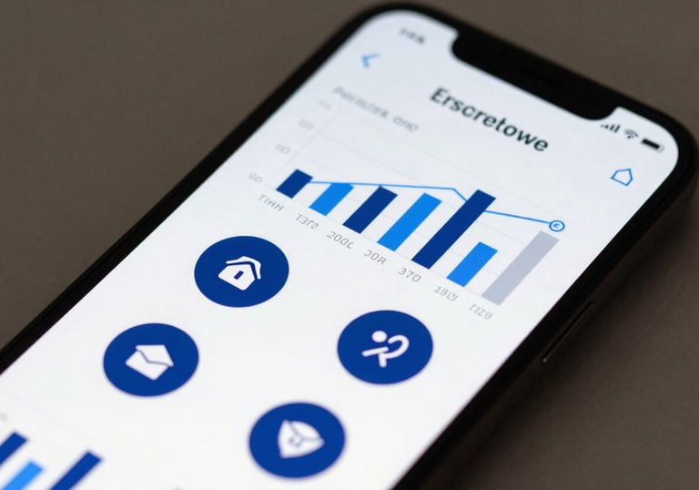 A close-up of a high-resolution smartphone display showing a clean, modern enterprise mobile application interface with charts and deep blue icons.