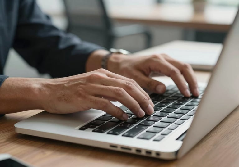 Close-up of hands typing on a modern laptop in a professional Latin American office workspace, focus on professional productivity and technology.