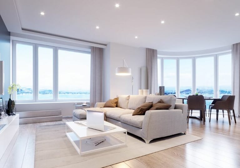 Modern residential living room with recessed LED lights in Victoria BC home