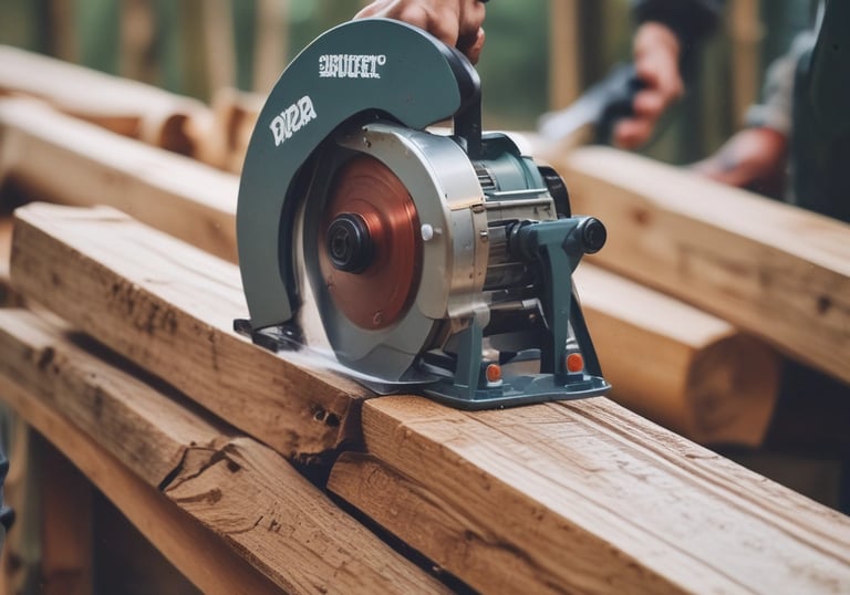 Professional carpenter using a heavy-duty electric circular saw to cut thick timber wood planks.