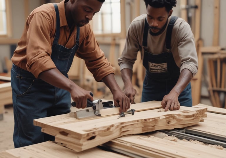 Two male carpenters using timber construction materials in Eldoret.