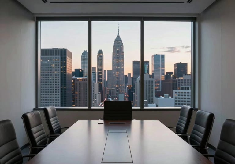 A minimalist, high-end corporate meeting room in a North American city with a large window showing a skyscraper skyline at dusk.
