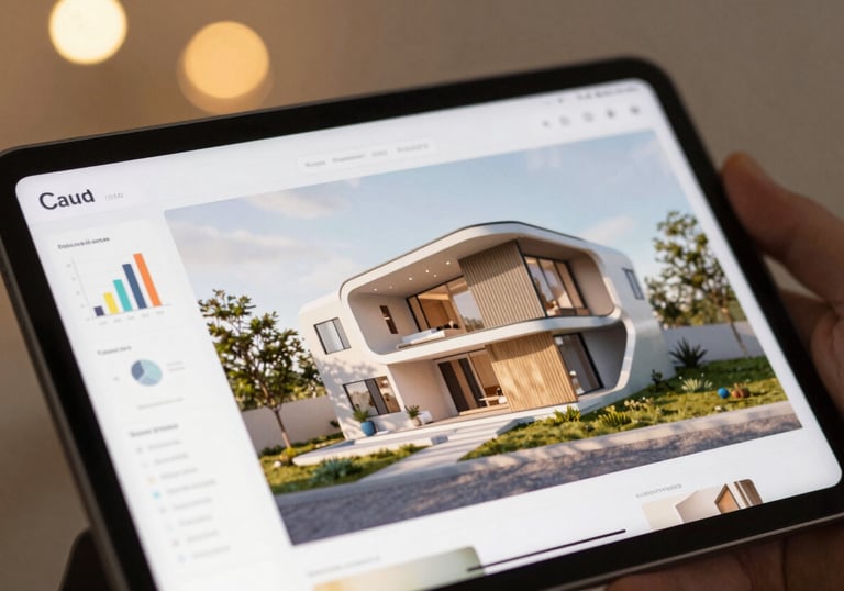 A close-up of a high-resolution tablet displaying a 3D architectural render of a futuristic home alongside digital marketing graphs. Soft gold bokeh lighting in the background #C4A05B.