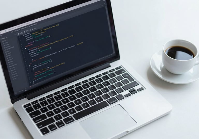 A top-down view of a modern workstation with a clean laptop displaying lines of clean code and a cup of black coffee. Corporate professional look with #F8F9FA and #4A5568.