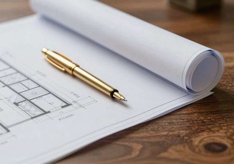 Detailed close-up of a high-end architectural blueprint roll sitting on a mahogany desk with a gold drafting pen. Elegant and precise style, featuring #1A202C and #C4A05B.