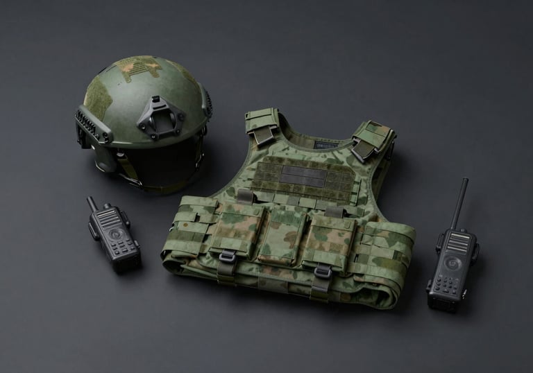 Modern tactical gear layout, including a helmet, vest, and radio, clean composition on a dark #1A1E1C surface with green #3E544D accents.