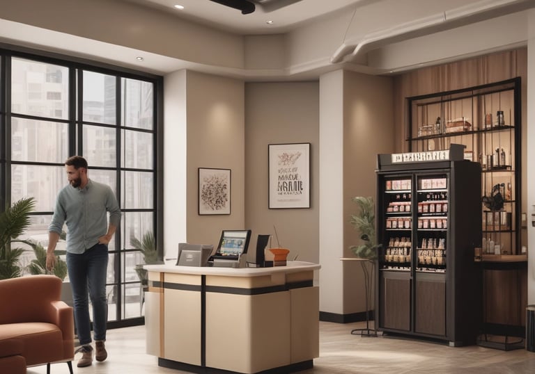 A vending machine withVarious snacks are visible inside the machine, with dim lighting in the surrounding environment.