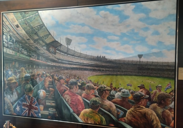 A colorful artwork showing a lively crowd at a baseball game held at the Melbourne Cricket Ground.