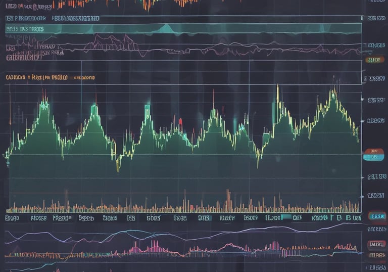 A digital financial chart with green and red zigzag lines on a dark background, representing market trends. Below the main graph, there are smaller charts featuring bar indicators in red and blue, along with a yellow line graph.